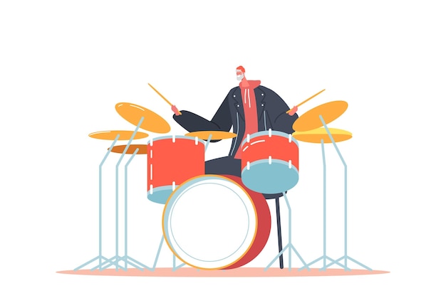 Vector excited senior drummer playing hard rock music with sticks on drum kit old musician character perform on stage