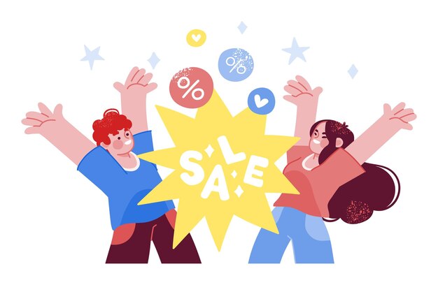 Vector excited shoppers celebrating sale event