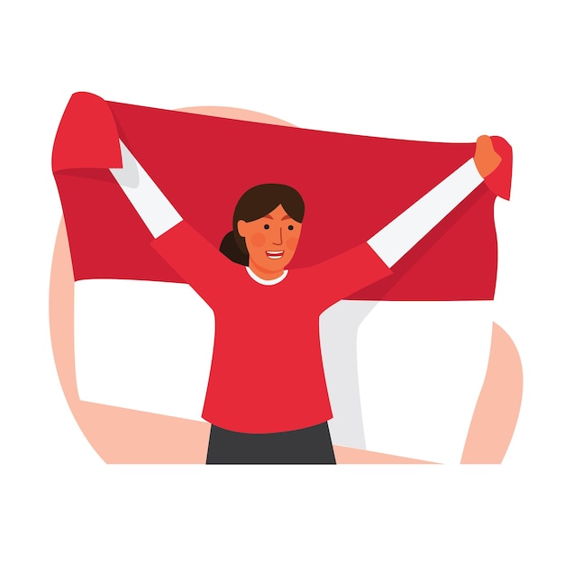 Excited woman celebrating Indonesian independence day holding flag with fist in the air