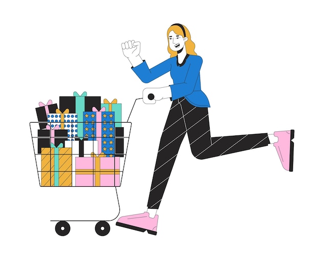 Vector excited woman pushing shopping cart 2d linear cartoon character black friday girl isolated line vector person white background holding shopping trolley pile presents color flat spot illustration