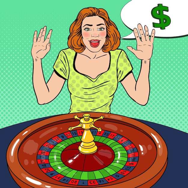 Vector excited woman behind roulette table