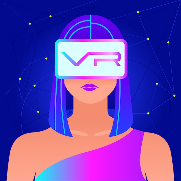 Vector excited woman wearing vr helmet for space simulation
