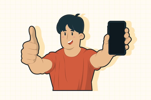 携帯電話のコンセプトのディスプレイを示す興奮した若い男