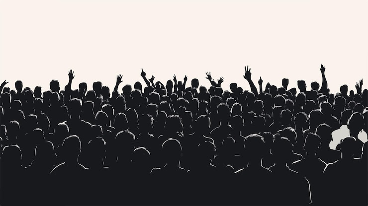 Vector exciting silhouette of large crowd of enthusiastic fans cheering