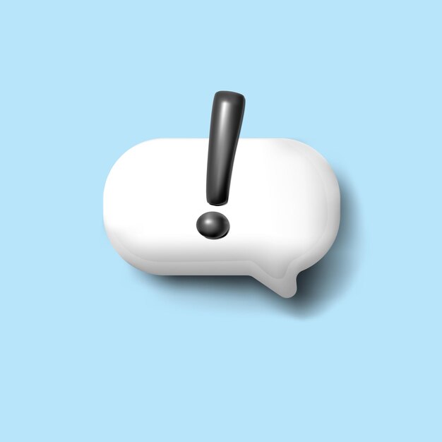 Exclamation mark in the bubble speech alert emotion information symbol 3d icon on blue background