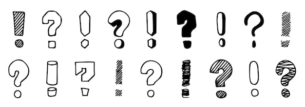 Exclamation and question marks Outline punctuation marks for doodle brush style hand drawn punctuation symbols Vector isolated collection Punctuation scribble characters doodle set