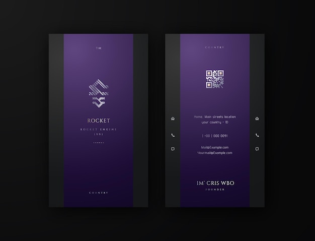 Exclusieve verticale visitekaart voor blijvende indrukken op zwarte en paarse achtergrond met QR-code