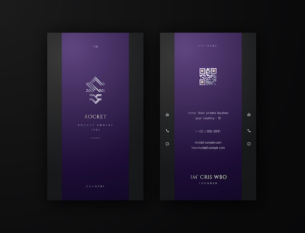 Exclusieve verticale visitekaart voor blijvende indrukken op zwarte en paarse achtergrond met qr-code