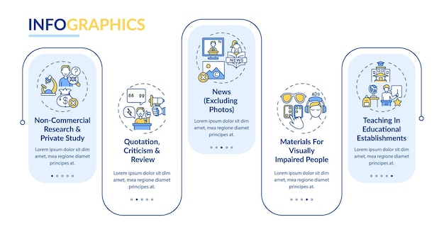 Esclusioni al modello di infografica vettoriale di copyright. notizie, elementi di design di presentazione di citazione. visualizzazione dei dati con 5 passaggi. grafico della sequenza temporale del processo. layout del flusso di lavoro con icone lineari