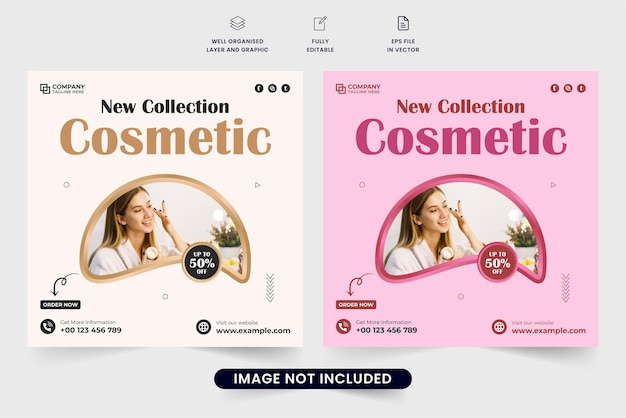 Vendita di cosmetici e prodotti di bellezza esclusivi vettore post sui social media con forme astratte design moderno banner web promozionale per attività cosmetiche con colori dorati e rosa modello di sconto cosmetico