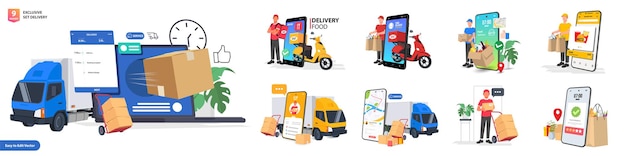 Exclusive delivery bundle with online order and couriers delivery at home vector illustration