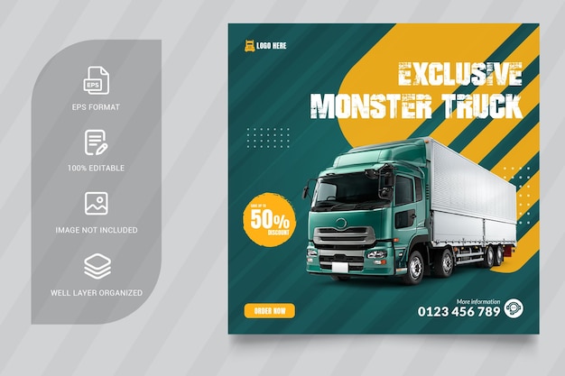 Vector exclusive monster truck social media post square banner template