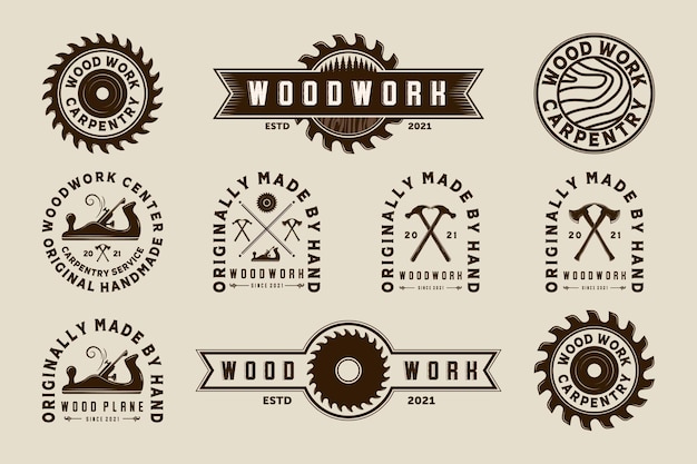 Vettore set esclusivo di falegnameria illustrazione vettoriale logo design set premium di falegnameria logo modello per wood master segheria e servizio di falegnameria collezione bundle o set logo di strumento per la lavorazione del legno