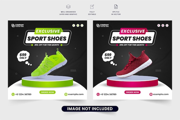 녹색 및 빨강 색상으로 독점 신발 판매 소셜 미디어 게시물 벡터 스포츠 패션 마케팅을 위한 현대 운동화 판매 템플릿 디자인 스포츠 신발 브랜드 홍보 템플릿 벡터
