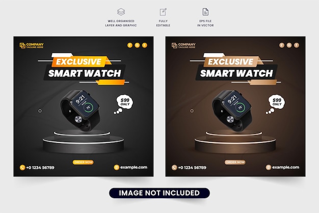 デジタル マーケティングのための排他的なスマートウォッチ販売テンプレート デザインデジタル時計ビジネス ソーシャル メディア投稿暗い背景を持つベクトル マーケティングのための腕時計製品プロモーション テンプレート デザイン