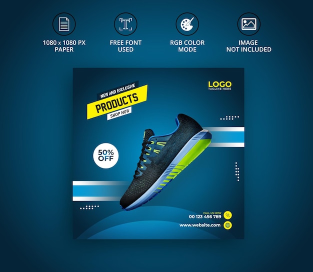 Эксклюзивная коллекция спортивной обуви пост в социальных сетях шаблон баннера instagram