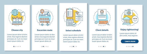 Layout del modello di brochure di escursione. itinerario cittadino. turismo, visite turistiche. flyer, design di stampa di opuscoli con illustrazioni lineari. layout di pagina vettoriale per riviste, relazioni annuali, manifesti pubblicitari