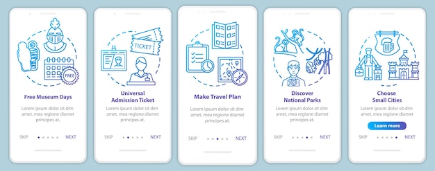 Excursions onboarding mobile app page screen with concepts. free galleries. parks attending. money saving travel walkthrough five steps graphic instruction. ui vector template, rgb color illustrations