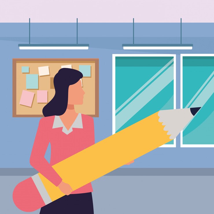 Vector executive businesswoman holding big pencil