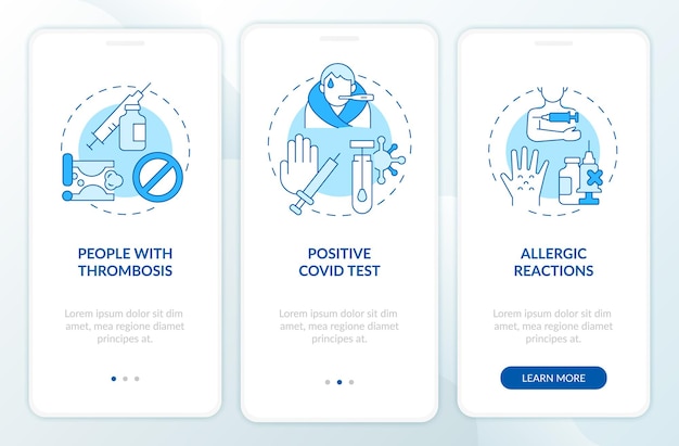 Esenzioni dalla schermata della pagina dell'app mobile onboarding del vaccino contro il covid. guida alle condizioni mediche in 3 passaggi, istruzioni grafiche con concetti. modello vettoriale ui, ux, gui con illustrazioni a colori lineari