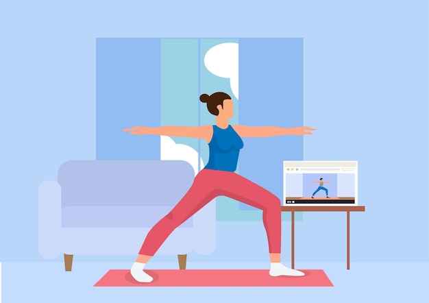 Exercise at home and sports woman doing yoga on mat at home home stay concept flat vector illustration