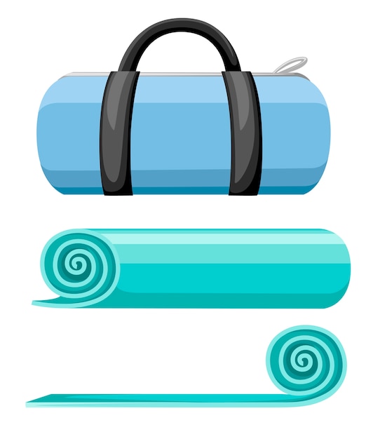 Коврик для упражнений и спортивная сумка. свернутый и открытый бирюзовый коврик для йоги. иллюстрация на белом фоне.