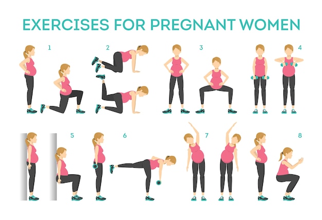 Exercise set for pregnant woman. sport during pregnancy. idea of active and healthy lifestyle.   illustration in cartoon style