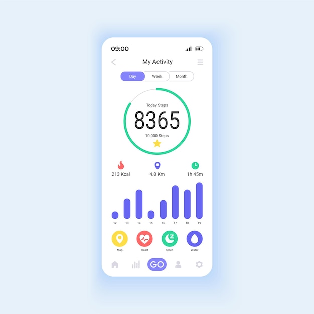 Exercise tracker smartphone interface vector template. Mobile app page design layout. Useful features in sport. Body measurement on smartphone screen. Flat UI for application. Phone display