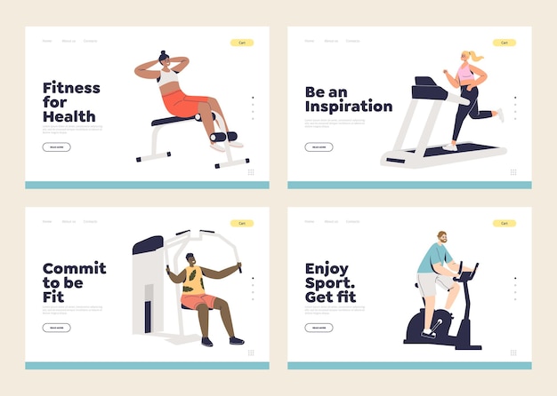 Exercise and workout concept of set of landing pages templates with fit and healthy people training in gym. healthy lifestyle, sport and fitness