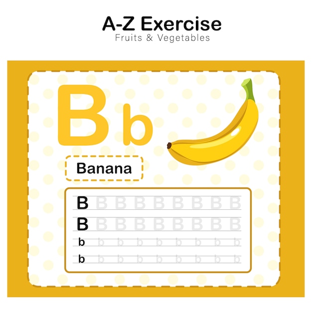 Exercises sheet for kids, alphabet b. exercise with banana cartoon vocabulary illustration