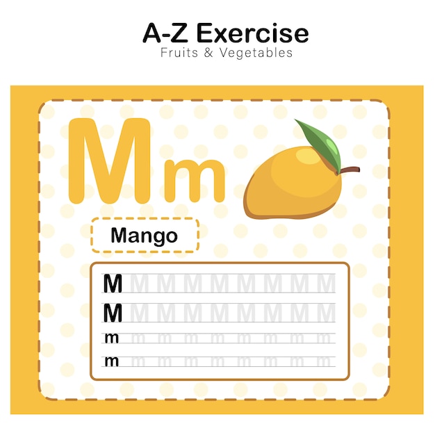 Foglio di esercizi per bambini, esercizio di alfabeto m. con illustrazione del vocabolario dei cartoni animati, mango