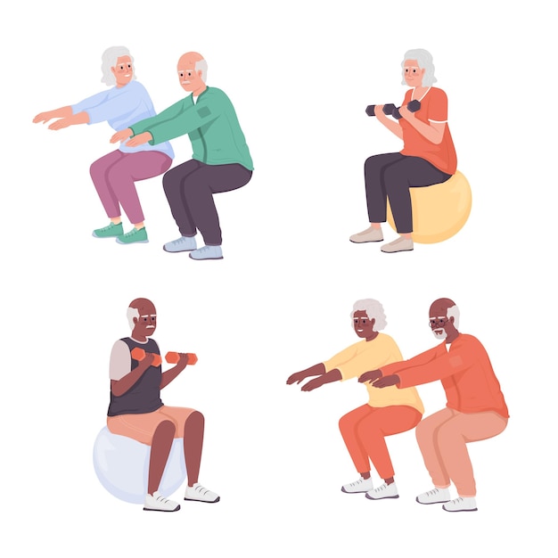 Вектор Набор упражнений для пожилых людей с полуплоским цветовым вектором
