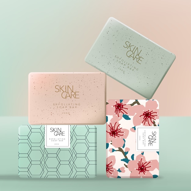 Vector exfoliating or scrubbing soap wrap paper packaging with japanese sakura floral blossom or geometric pattern. pink & green.
