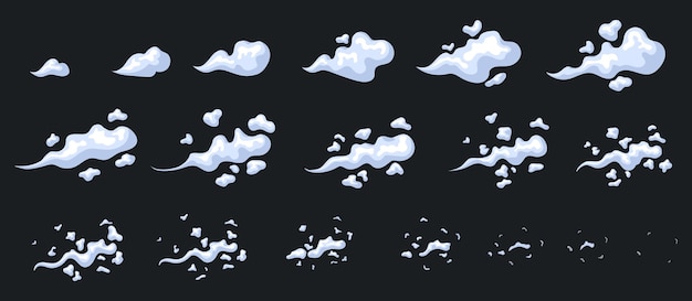 배기 애니메이션 애니메이션 연기 구름 만화 먼지 게임 프레임 스프라이트 시트 모션 증기 방출 가스 스토리 보드 빠른 움직임 스모그 깔끔한 벡터 일러스트 레이 션에 대한 2d 애니메이션 효과