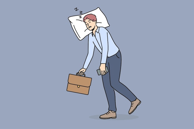 Exhausted businessman walk with head on pillow