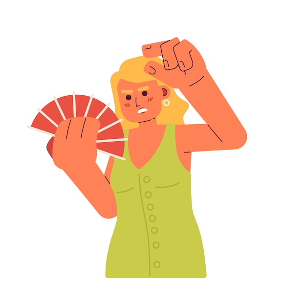 Vector exhausted caucasian woman cooling down with fan semi flat color vector character summer fan hot editable half body person on white simple cartoon spot illustration for web graphic design