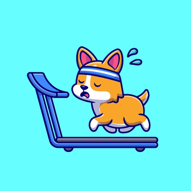 Exhausted Corgi Running On The Treadmill Cartoon Vector Icon Illustration.