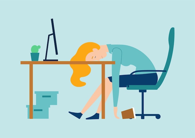 Vettore il personaggio femminile esausto ha la sindrome del burnout al lavoro malato stanco direttore maschile in ufficio triste