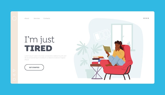 疲れ果てた女性キャラクター ランディング ページ テンプレート 肘掛け椅子に座って本を読みながらあくびをする若い女性 学生