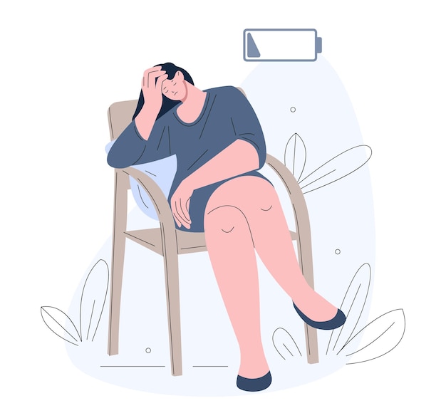 Vector exhausted girl with low energy battery sitting on chair tired office woman fatigue sadness or frustration student or business woman kicky vector character of woman exhausted illustration