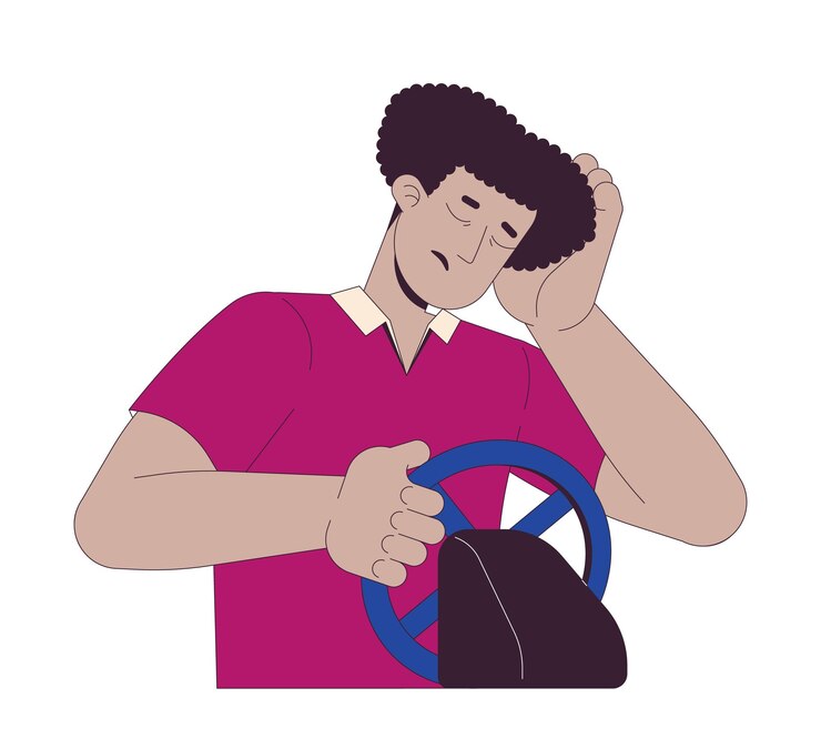 Vector exhausted latin american man driving car 2d linear cartoon character
