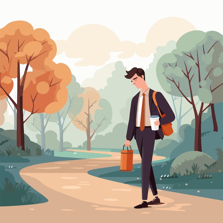 Vector exhausted man holding paper coffee cup while going
