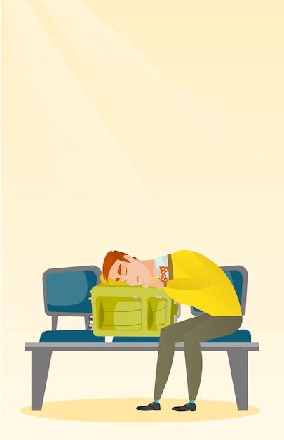 Vettore uomo esausto che dorme sulla valigia all'aeroporto.