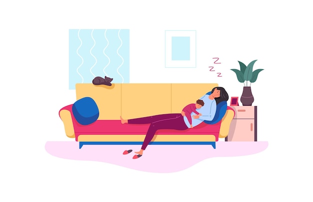 Vector exhausted mom. parental stress, tired mother sleep with baby in sofa,vector illustration