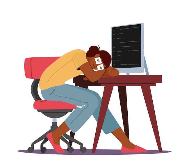 Exhausted office worker professional burnout overwork tiredness fatigue and depression concept tired overload businesswoman sleeping on office desk with drawn eyes cartoon vector illustration