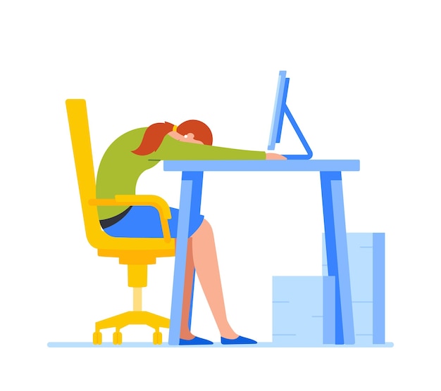 Vector exhausted office worker professional burnout overwork tiredness fatigue and depression symptom concept tired overload businesswoman sleeping on office desk cartoon vector illustration