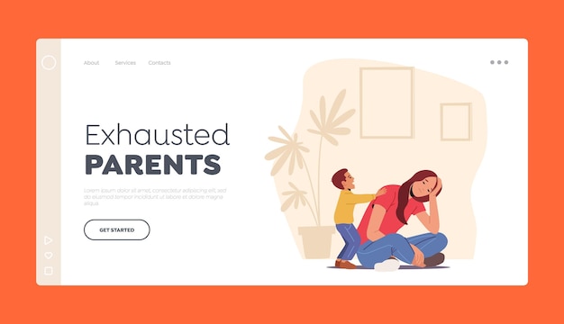 Vector exhausted parents landing page template depressed tired mother sitting on floor while son yell and disturb her hyperactive child at home sleepy character anxiety cartoon people vector illustration