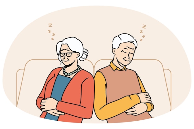 Exhausted senior grandparents relax in chairs sleeping