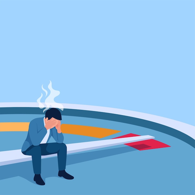 Vector exhausted sitting man holding his face with smoking head over fatigue meter illustration for fatigue