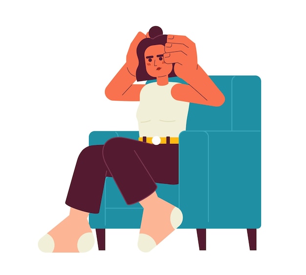 Vector exhausted woman in armchair semi flat color vector character hispanic girl holding head in stress editable full body person on white simple cartoon spot illustration for web graphic design